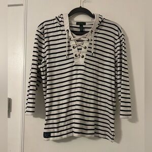 Lauren Ralph Lauren Women's Blue & White Striped Lace-Up Hoodie size XL (D212)
